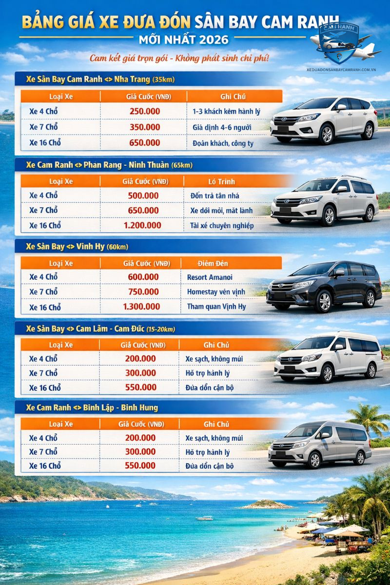 bảng giá xe đưa đón sân bay Cam Ranh 2026